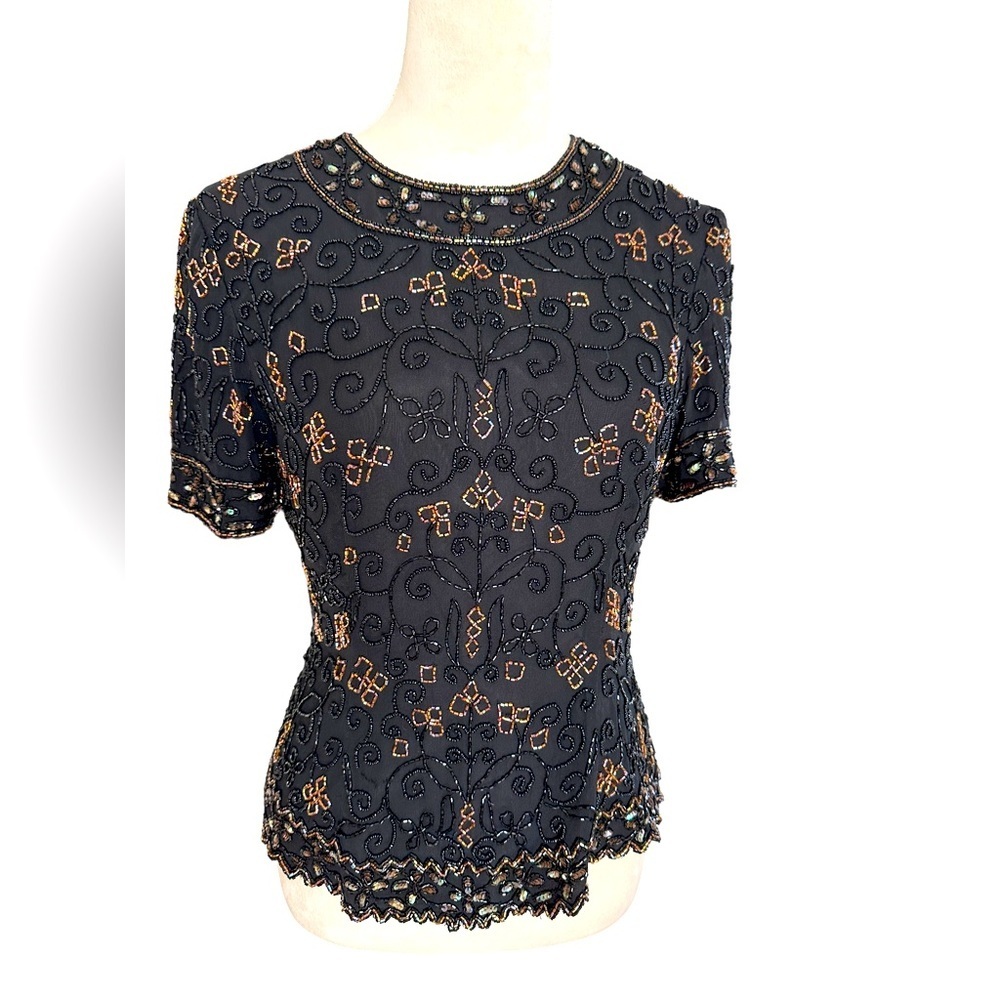 Black gold all over sequin embroidery and silk 80s vintage short sleeve top
